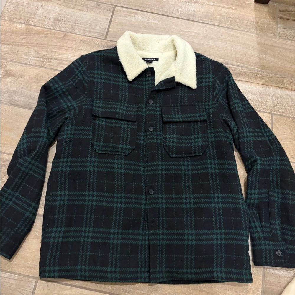 Pacsun Pac sun Men's Green Plaid Sherpa Collar shirt Jacket Large